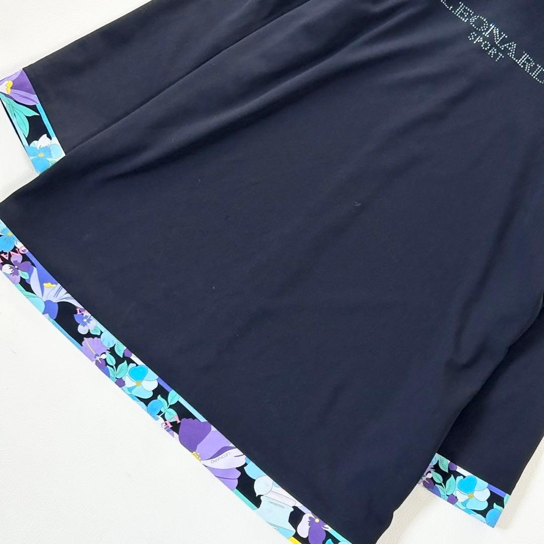 レオナール 長袖チュニック 花柄トリム ラインストーン ネイビー