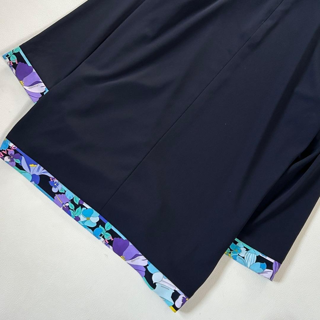 レオナール 長袖チュニック 花柄トリム ラインストーン ネイビー