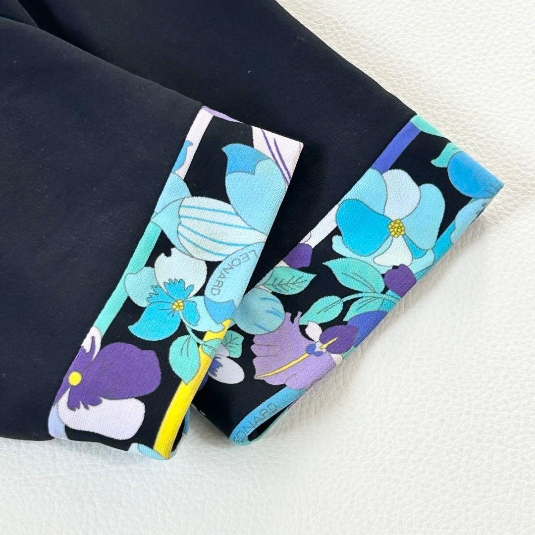 レオナール 長袖チュニック 花柄トリム ラインストーン ネイビー