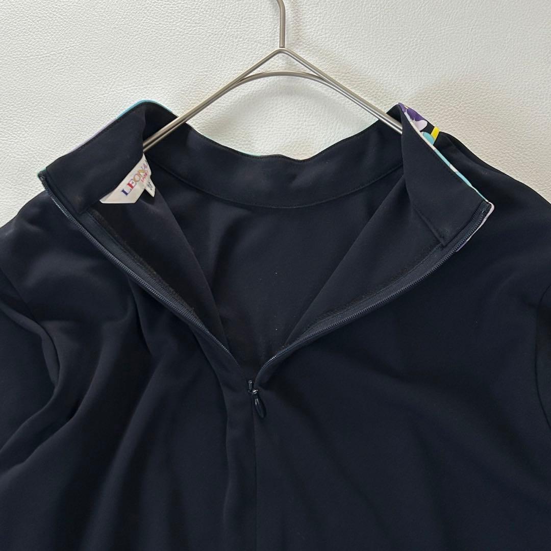 レオナール 長袖チュニック 花柄トリム ラインストーン ネイビー