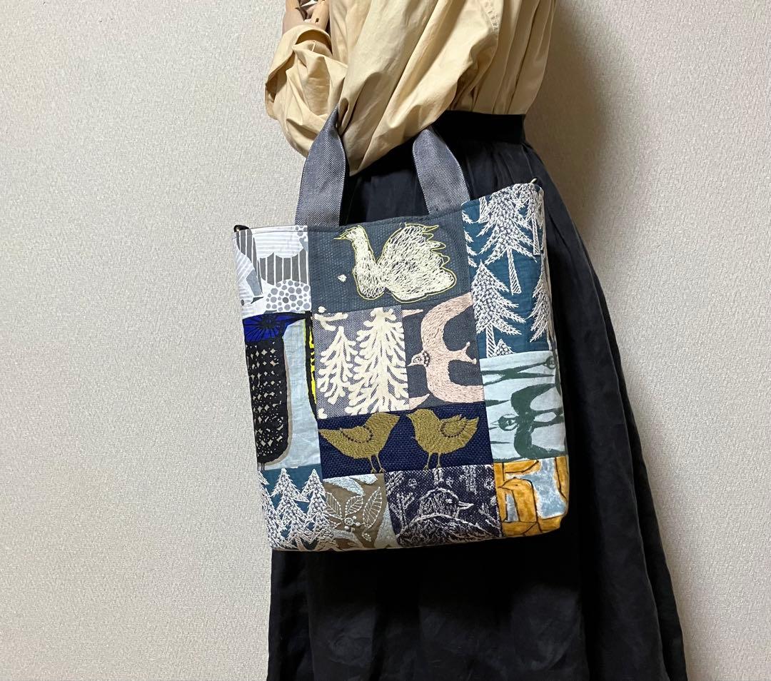 ミナペルホネン ハンドメイド　鳥の集う森パッチワーク×metsä トートバッグ