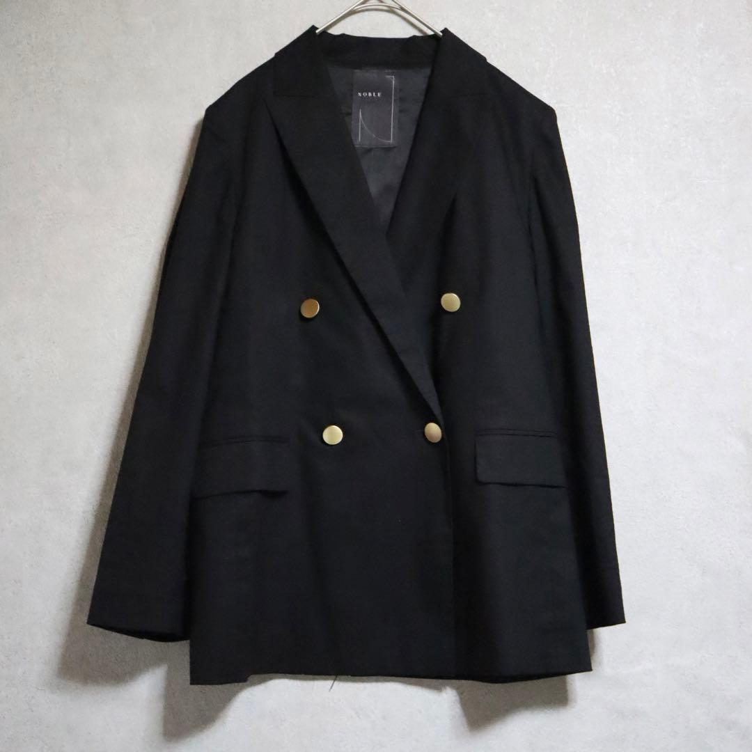 【美品】NOBLE 麻ストレッチピークドラペルダブルジャケット ブラック 黒