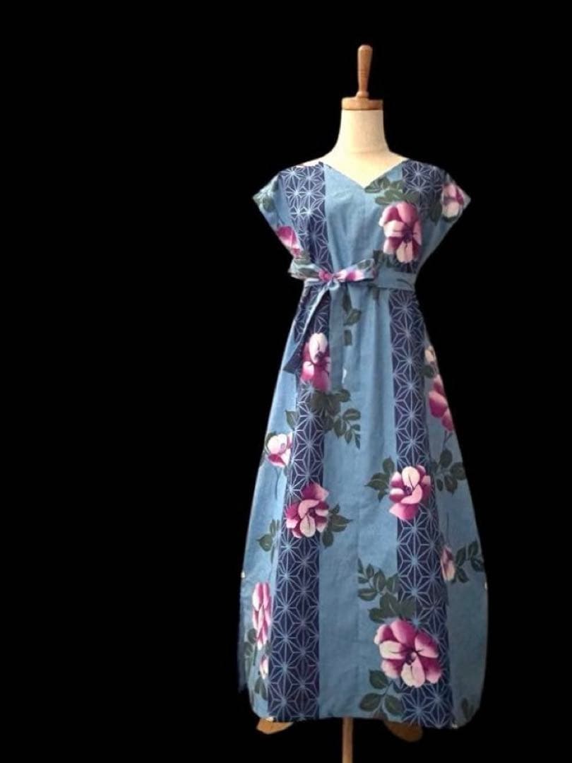 6Y42-12浴衣リメイクワンピース　ハンドメイド　ロング　マキシ　新品反物