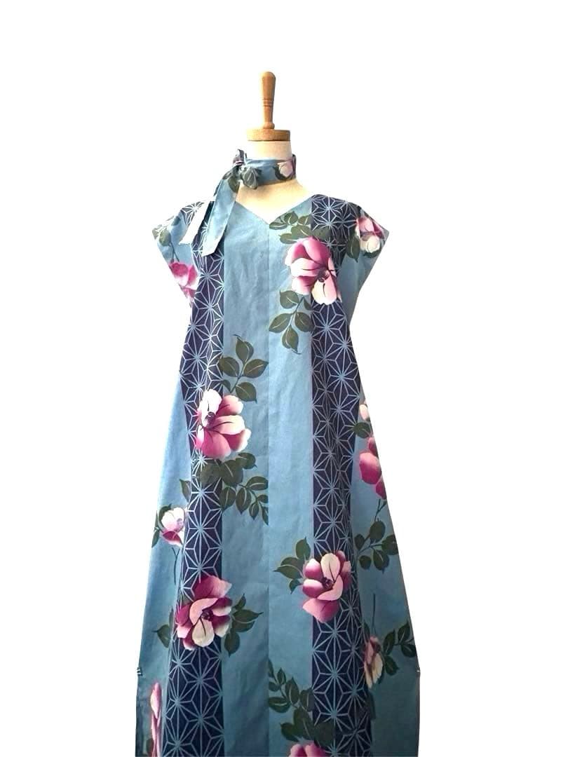 6Y42-12浴衣リメイクワンピース　ハンドメイド　ロング　マキシ　新品反物