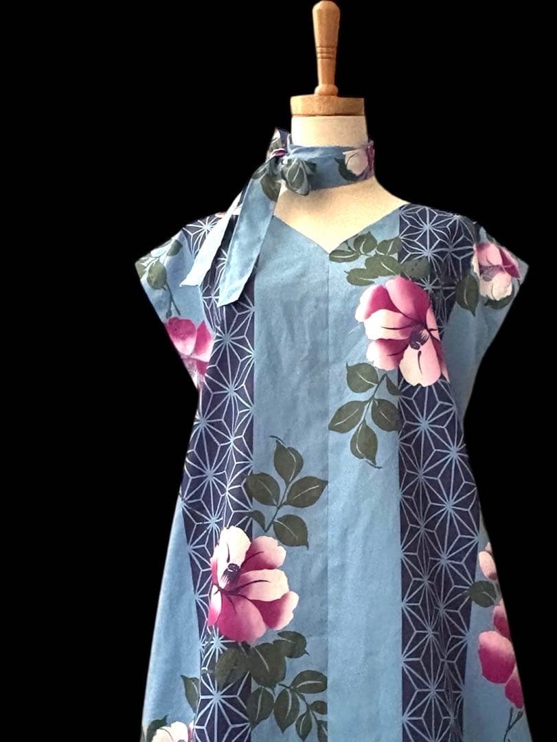 6Y42-12浴衣リメイクワンピース　ハンドメイド　ロング　マキシ　新品反物