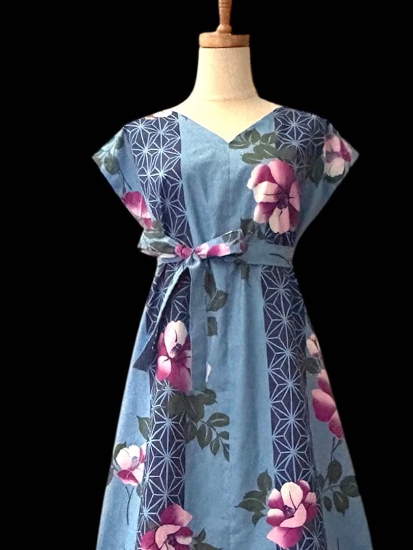 6Y42-12浴衣リメイクワンピース　ハンドメイド　ロング　マキシ　新品反物