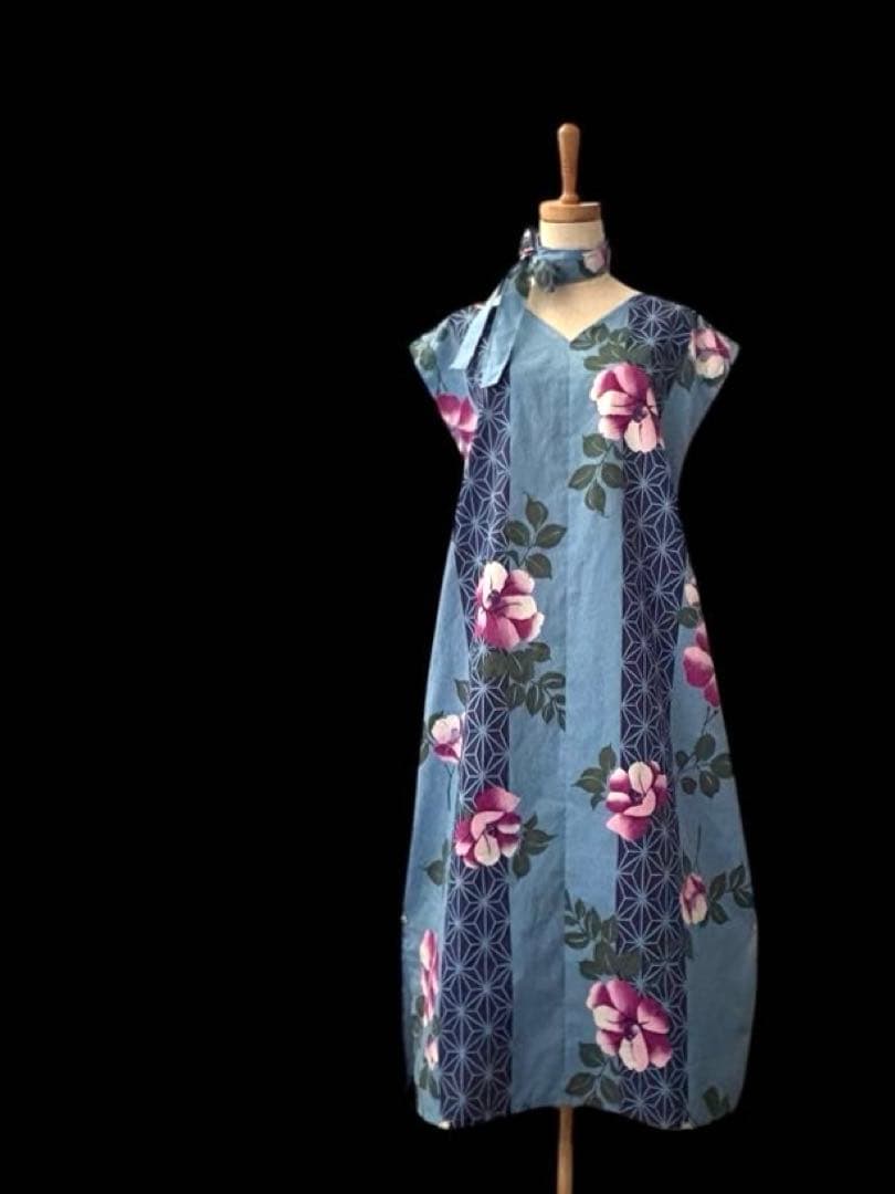 6Y42-12浴衣リメイクワンピース　ハンドメイド　ロング　マキシ　新品反物