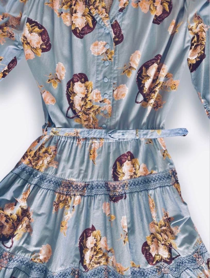 INGEBORG インゲボルグ 花柄ロングワンピース　水色　薔薇　バラ　ローズ