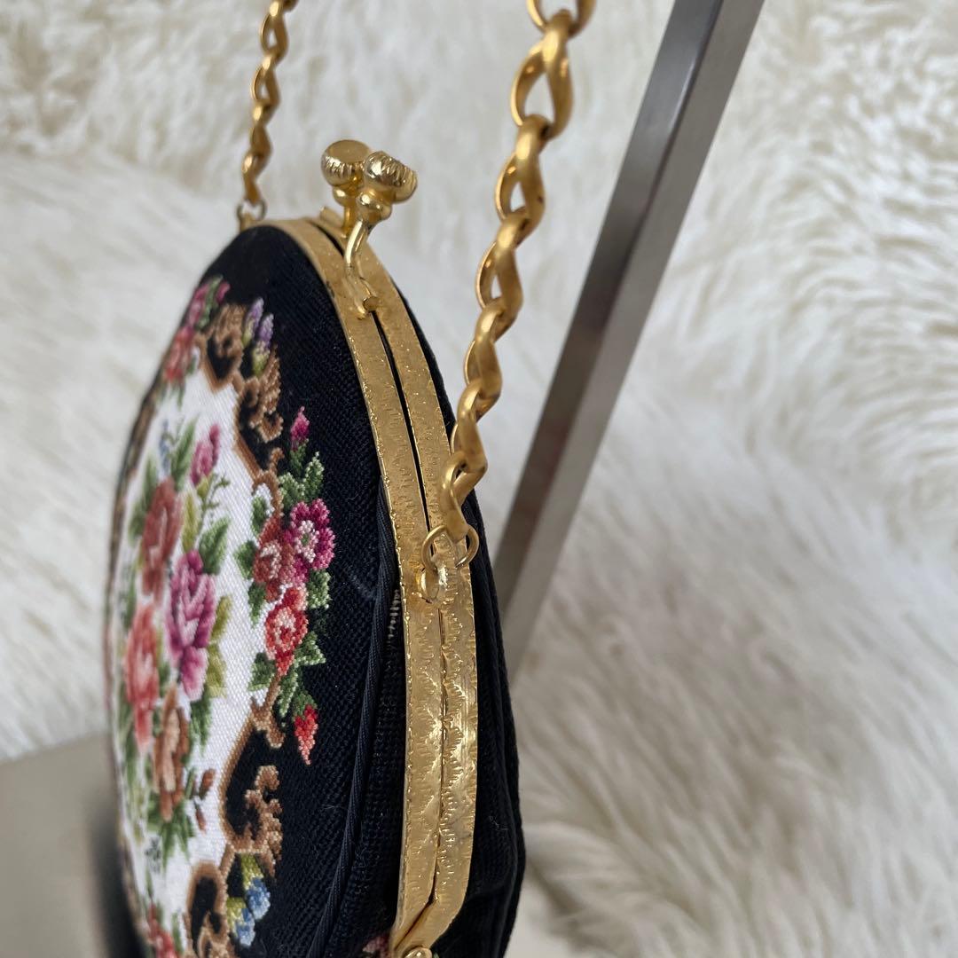 プチポワン　ラウンド型　バッグ　お花 アンティーク　良品　希少