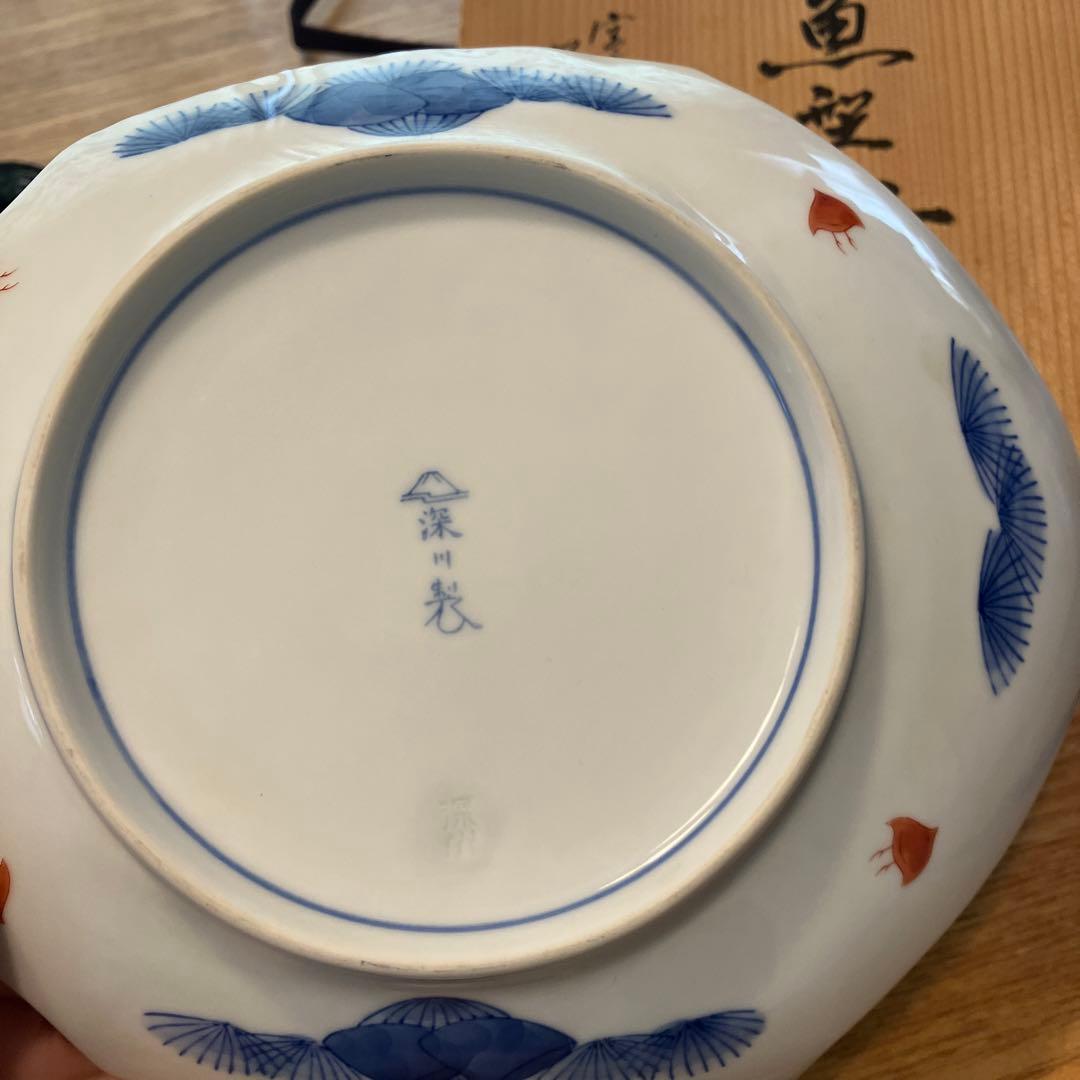 未使用　深川製磁 古伊万里鳳凰割地紋 魚型皿 ☆ 美品　正規品