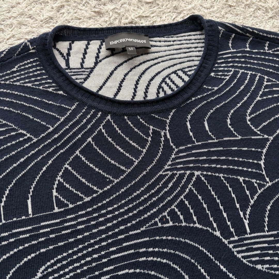 ★希少 XLサイズ★ エンポリオ アルマーニ 長袖 ニット 波柄 総柄 紺