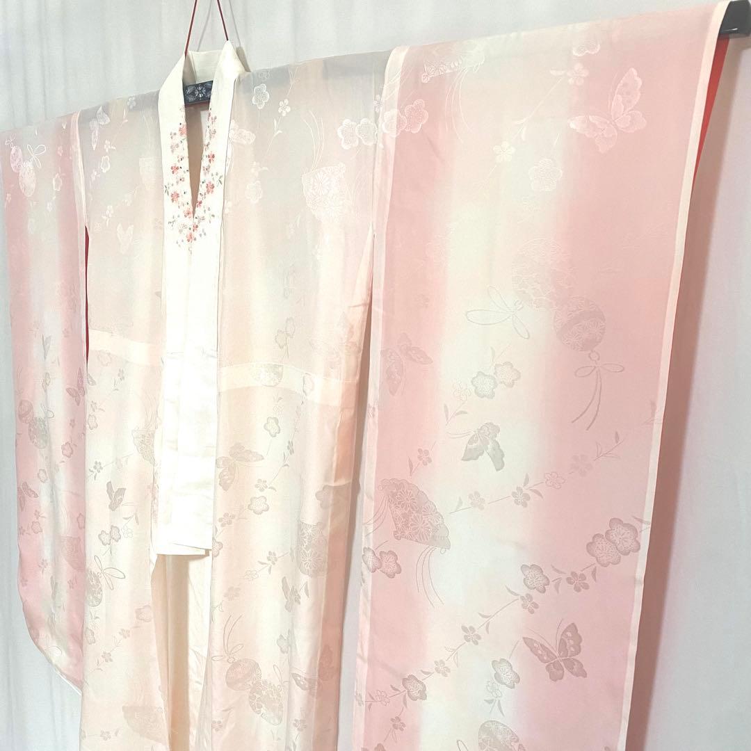 5k772 長襦袢　正絹　単衣　振袖用　刺繍　ピンク　白　花柄　和装　着物