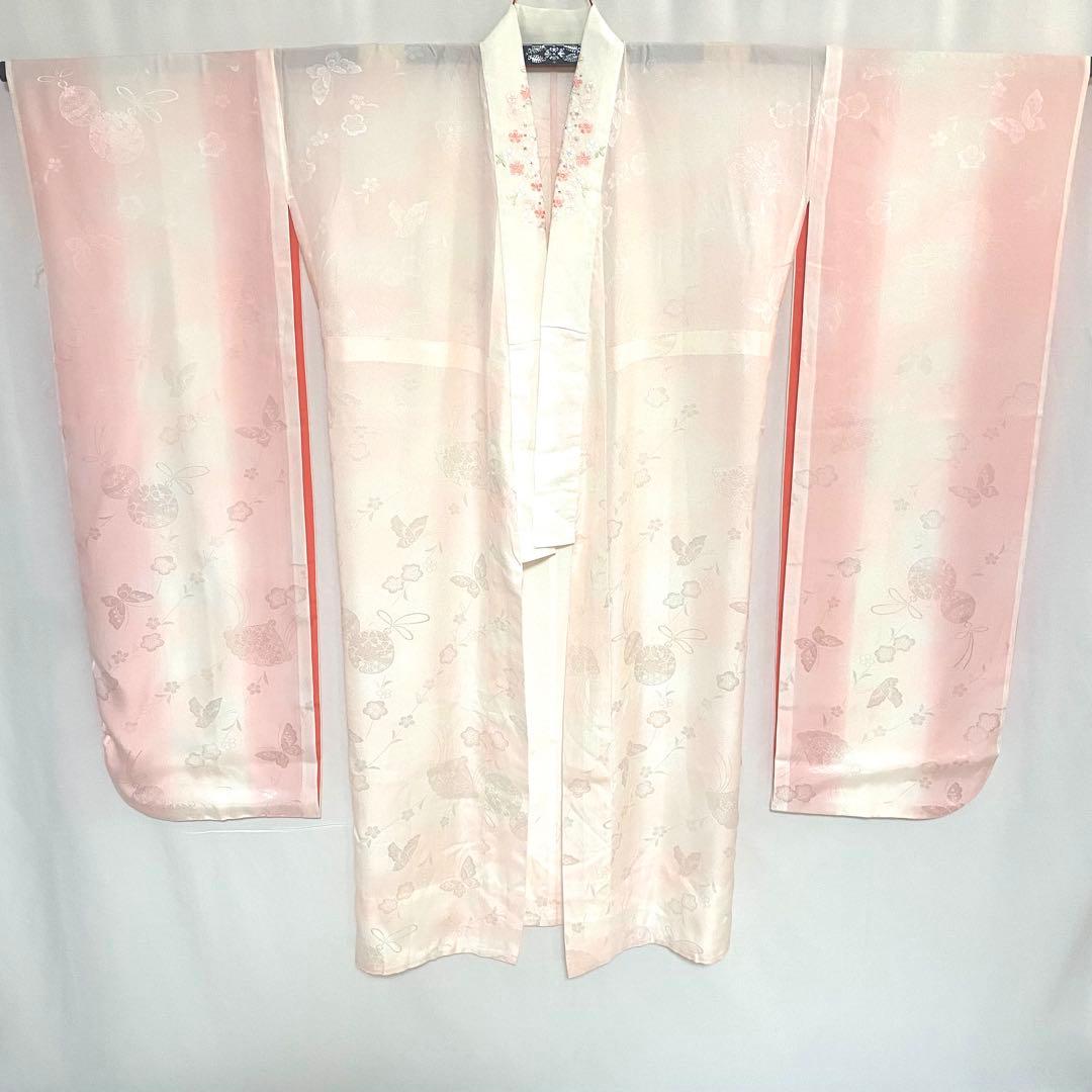 5k772 長襦袢　正絹　単衣　振袖用　刺繍　ピンク　白　花柄　和装　着物