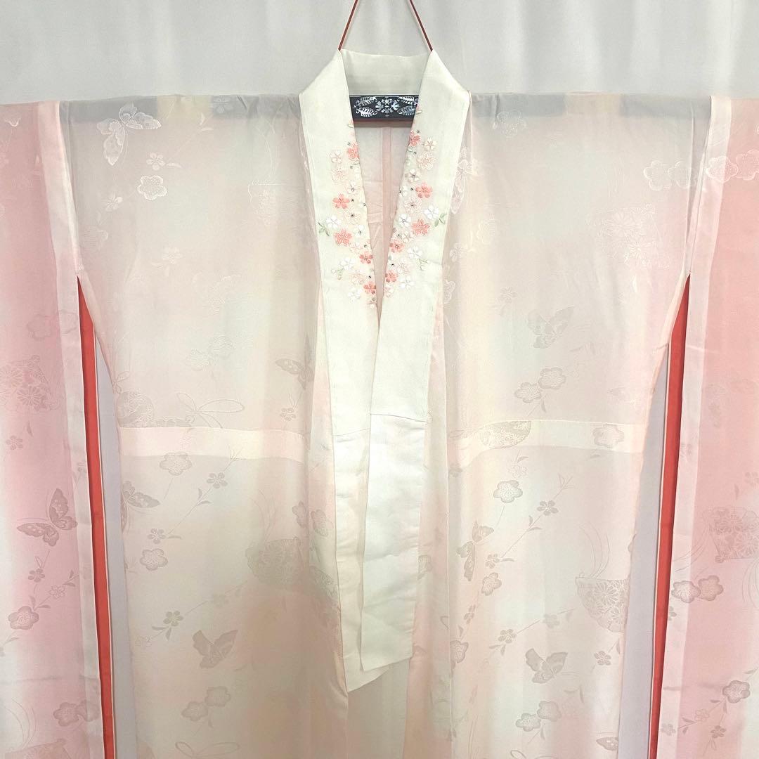 5k772 長襦袢　正絹　単衣　振袖用　刺繍　ピンク　白　花柄　和装　着物
