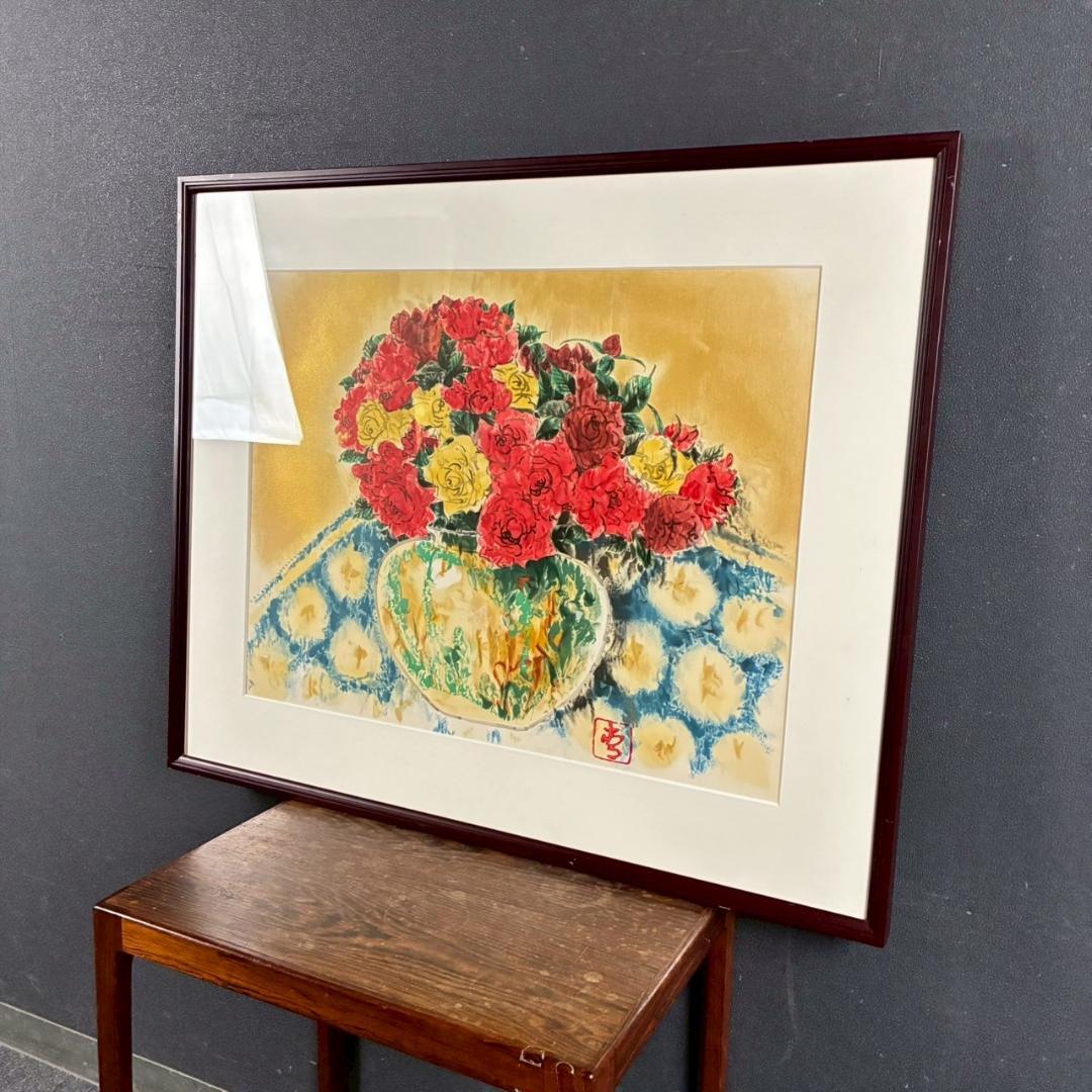 美品 前田青邨「薔薇」リトグラフ 前田すゑ承認印・証明シール・日本版画協会番号有