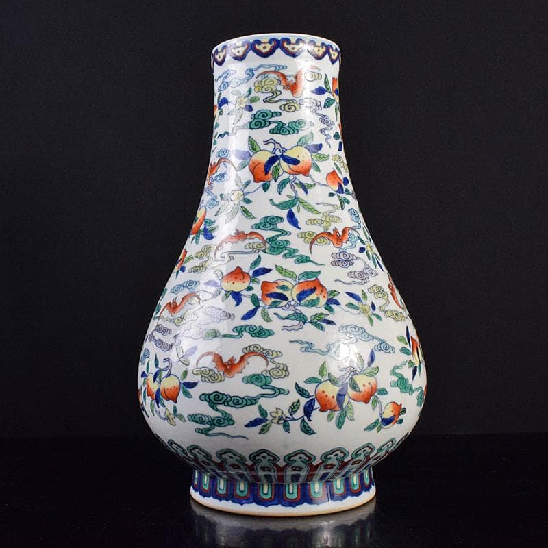 中国　大清雍正年製款　色絵　桃蝙蝠図　花生　時代箱付　M　R7657B