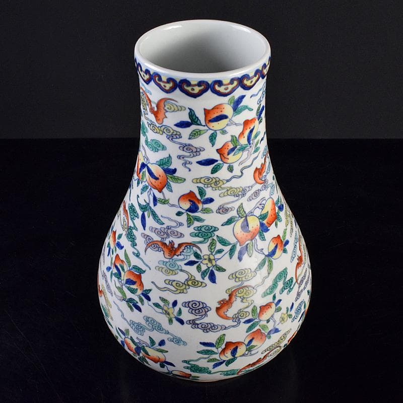 中国　大清雍正年製款　色絵　桃蝙蝠図　花生　時代箱付　M　R7657B