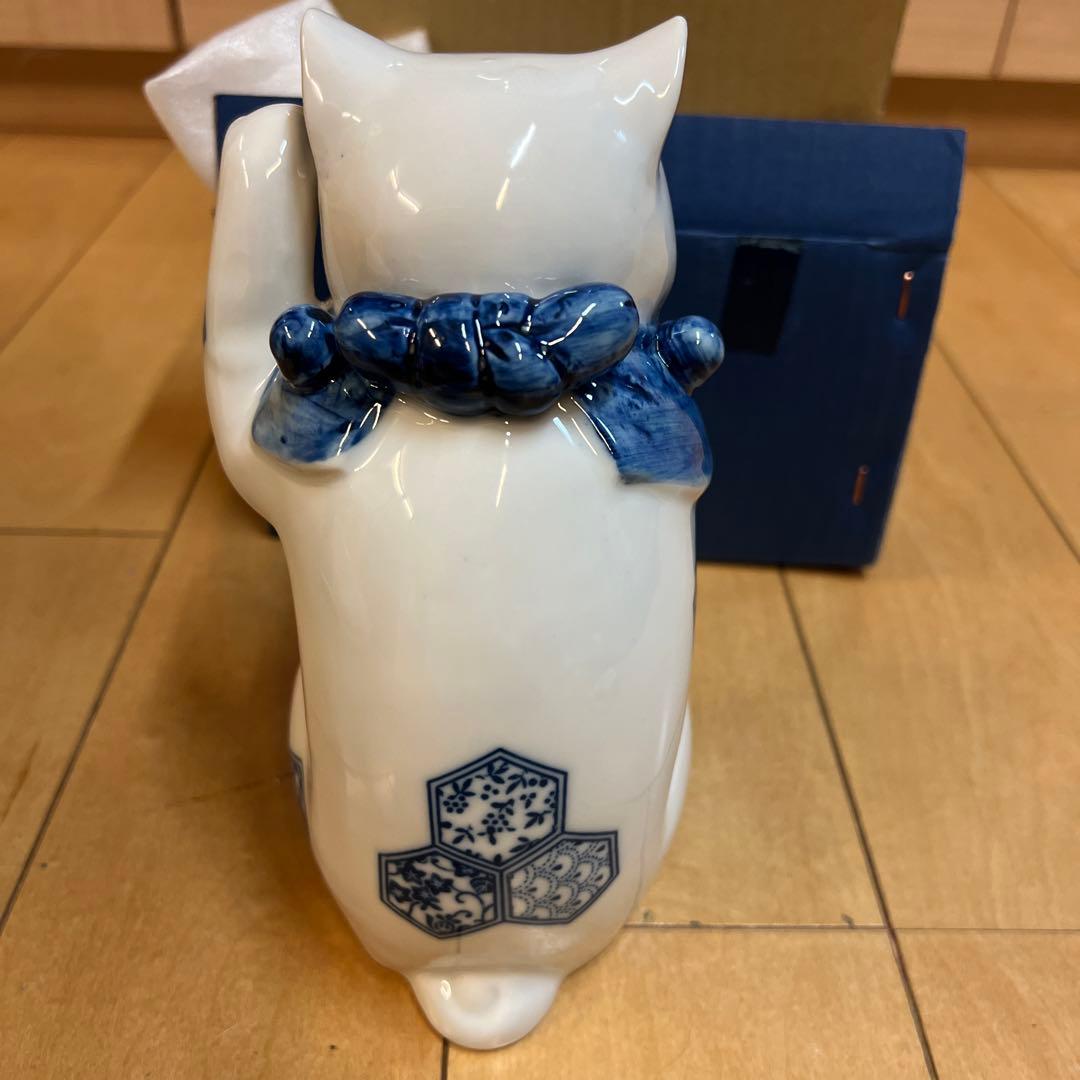 彩堂窯　瀬戸染付招き猫　陶器　置物　縁起物　商売繁盛