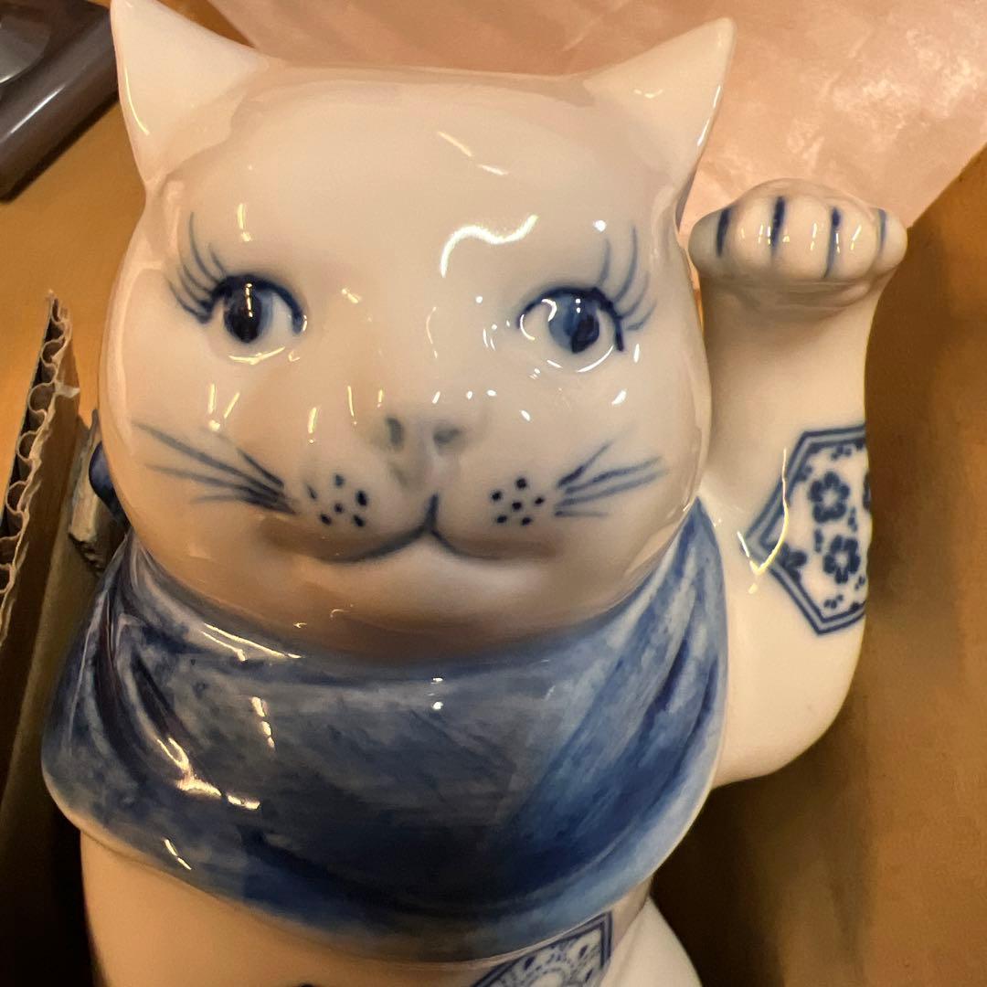 彩堂窯　瀬戸染付招き猫　陶器　置物　縁起物　商売繁盛