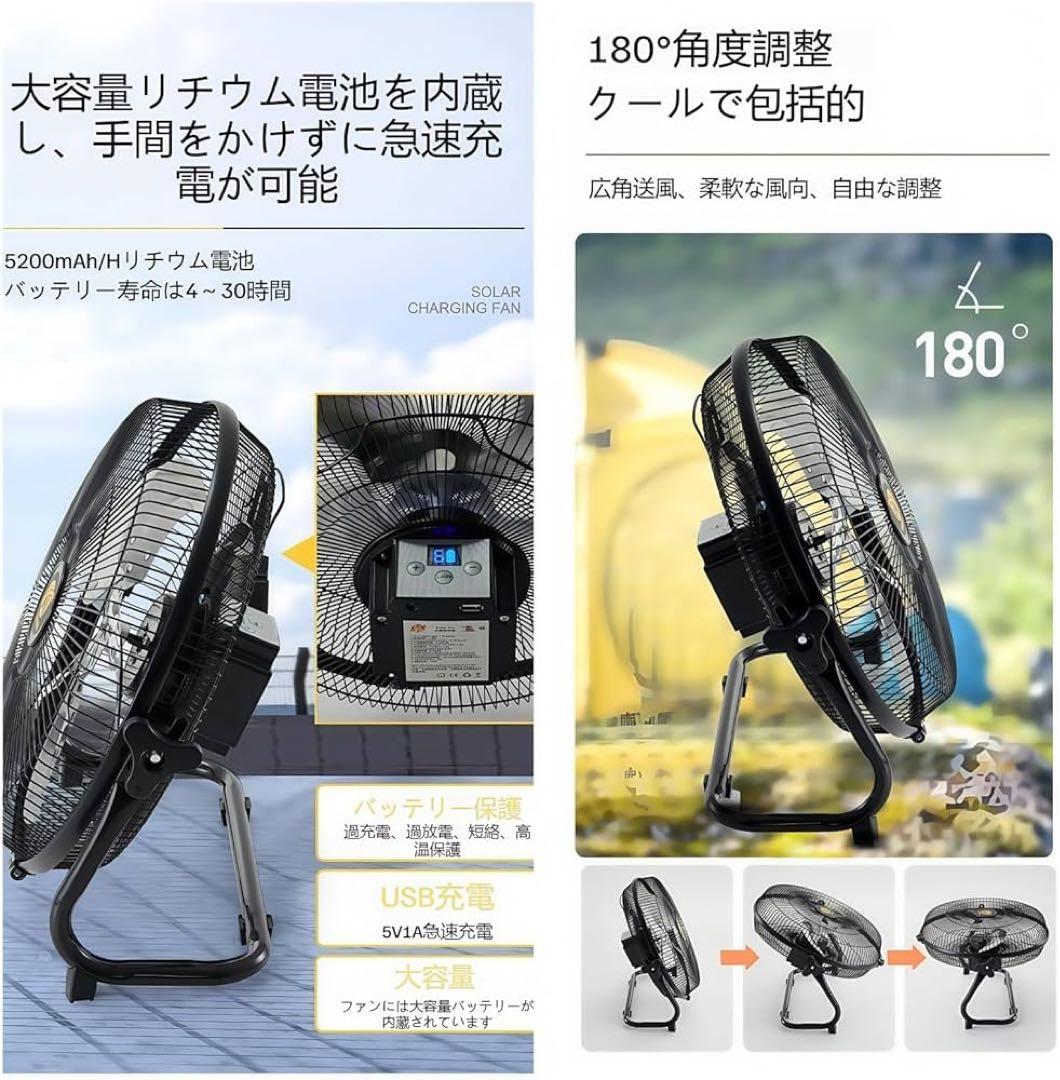 ソーラーファン 充電式 扇風機 ソーラーパネル付き 静音 強風 風量12段階調節