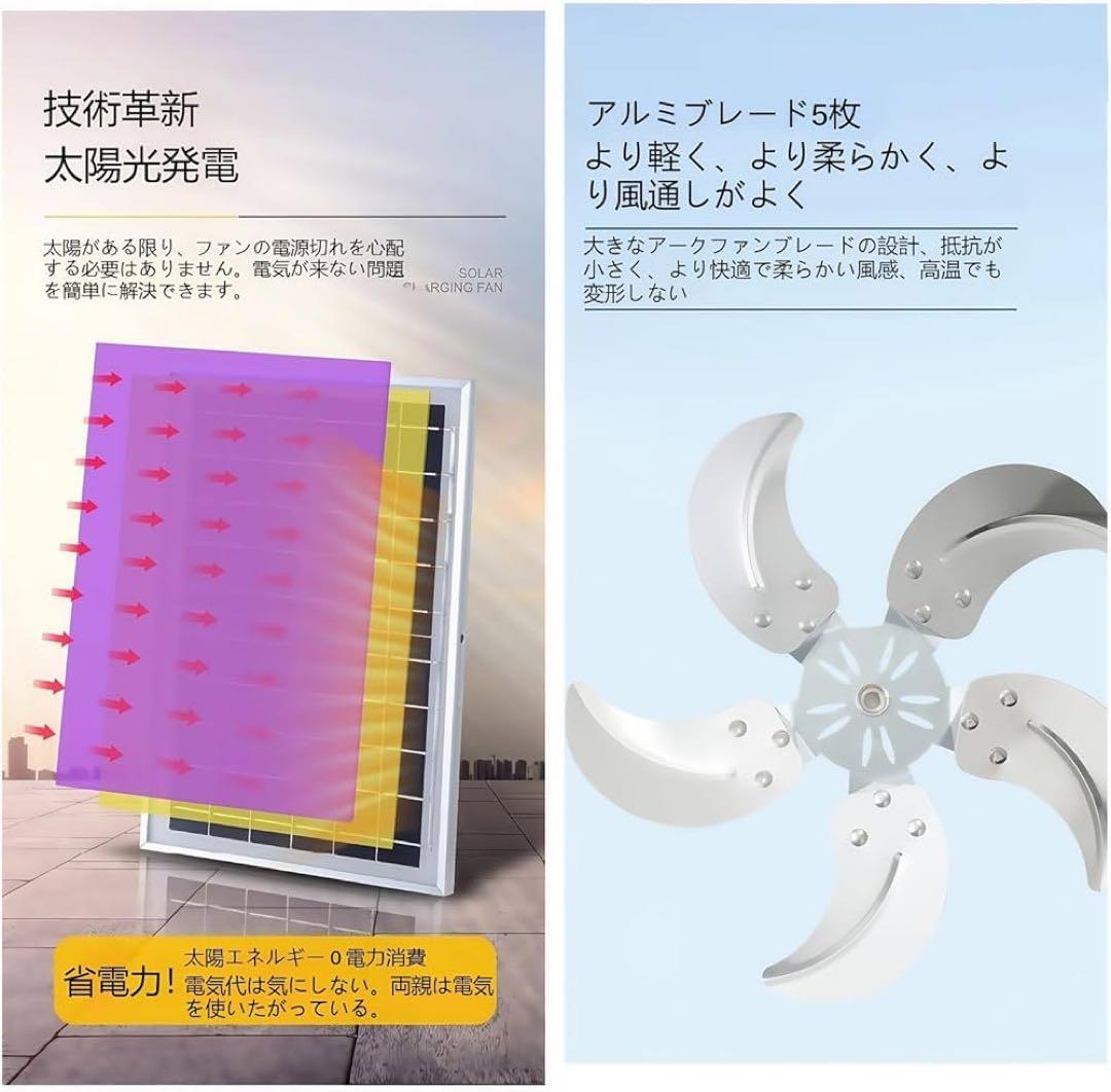ソーラーファン 充電式 扇風機 ソーラーパネル付き 静音 強風 風量12段階調節