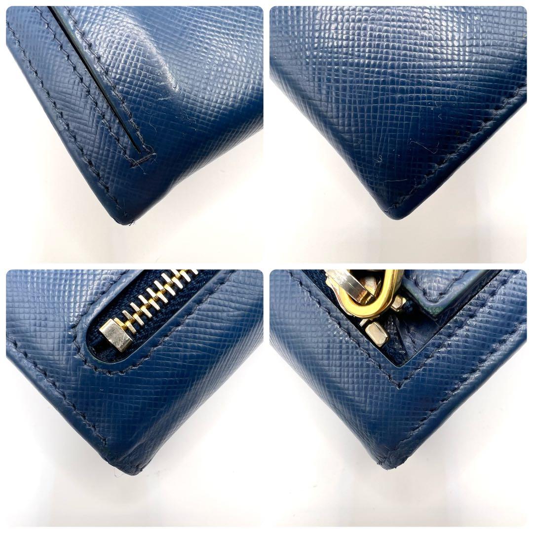 美品✨プラダ 長財布 Wホック パスケース付 サフィアーノ 青 1MH132