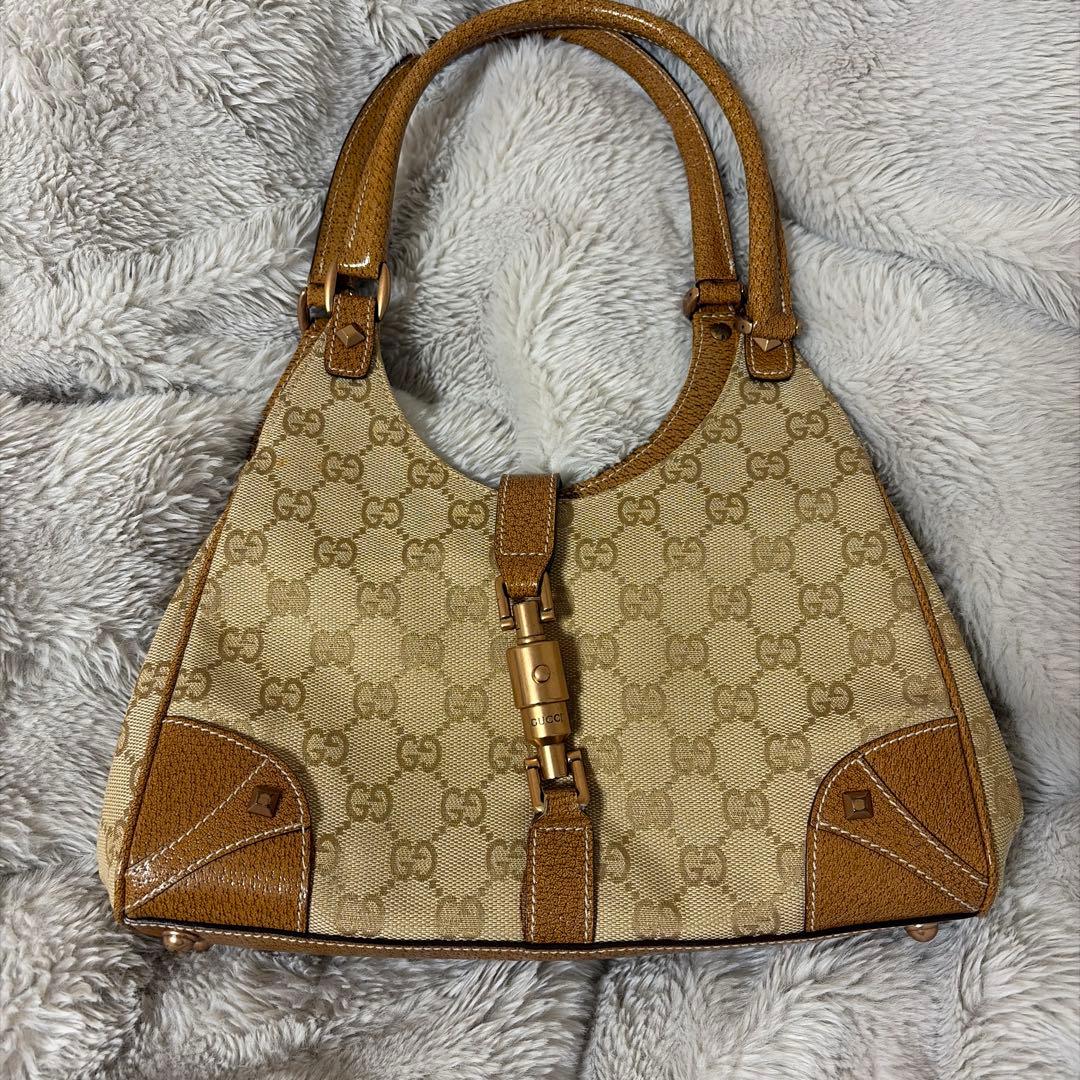 GUCCI ニュージャッキー ショルダーバッグ キャンバス レザー ベージュ