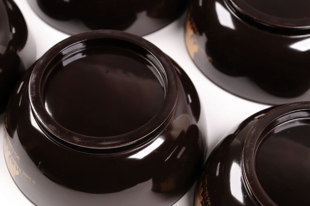 CG79 時代輪島塗 梅金蒔絵 金縁 黒塗椀 五客 木製漆器 / 懐石煮物吸物