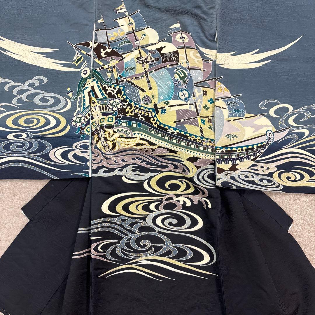 新品「最高級品」正絹産着祝着京友禅宝船多色手描き染、特選豪華盛本金祝い波文