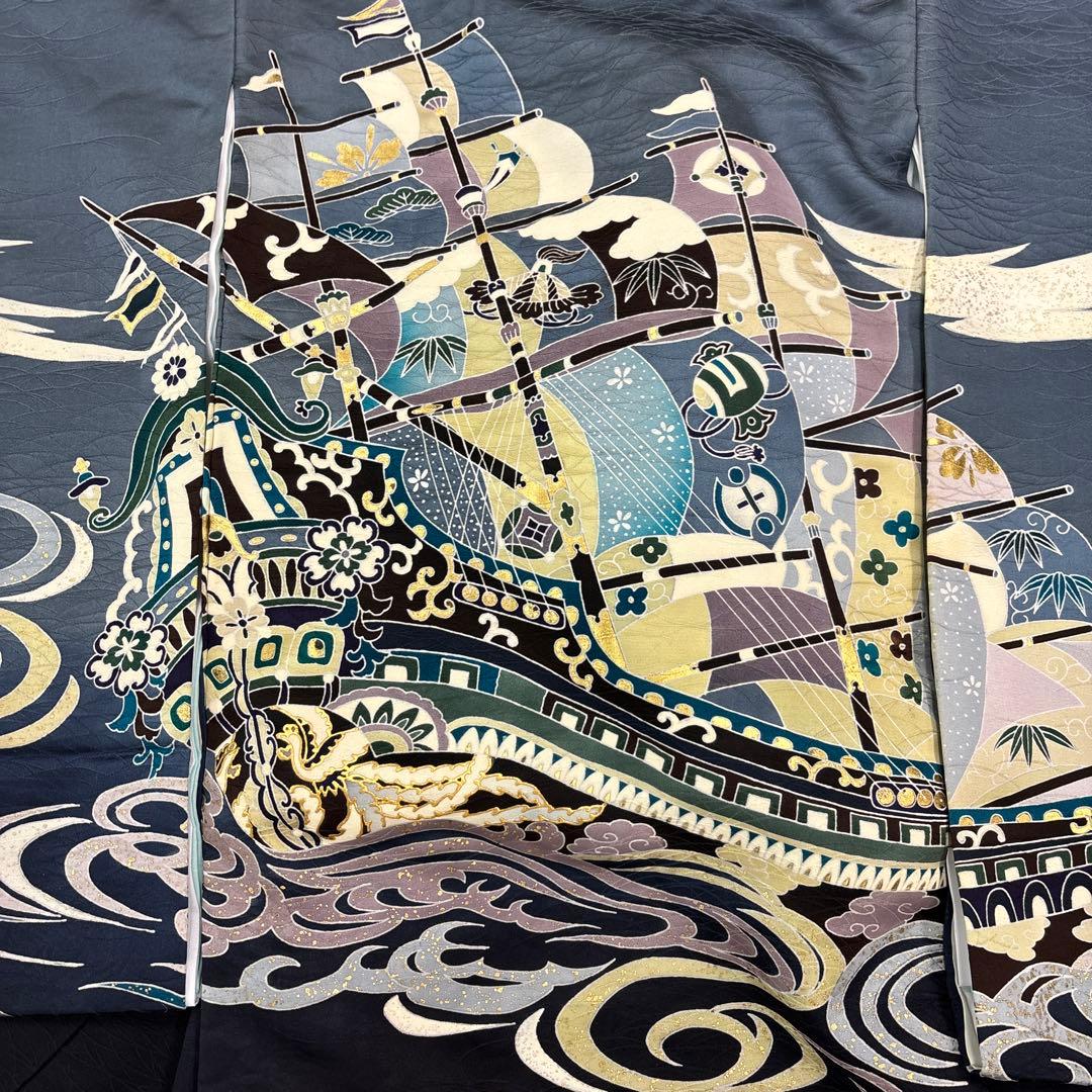 新品「最高級品」正絹産着祝着京友禅宝船多色手描き染、特選豪華盛本金祝い波文