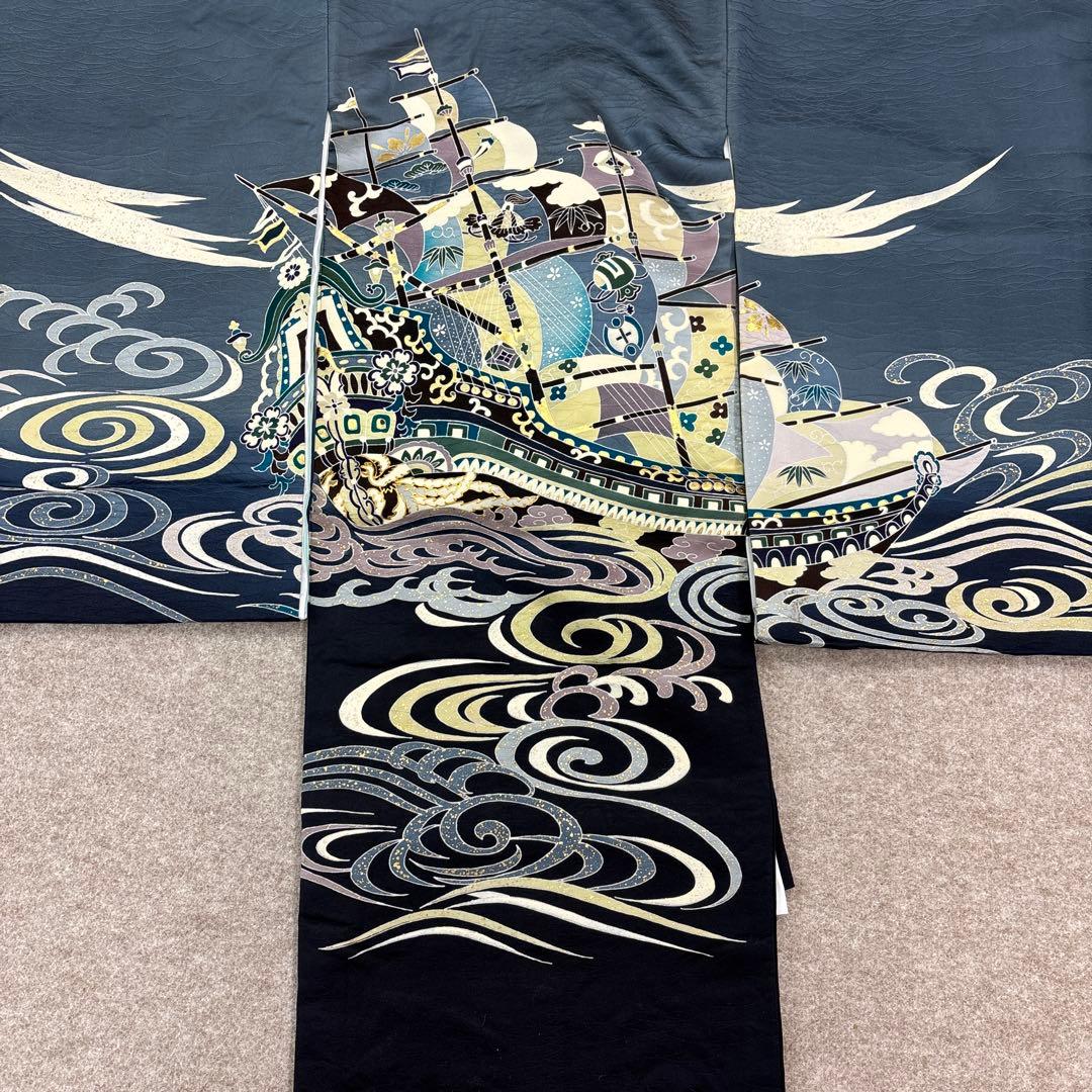新品「最高級品」正絹産着祝着京友禅宝船多色手描き染、特選豪華盛本金祝い波文