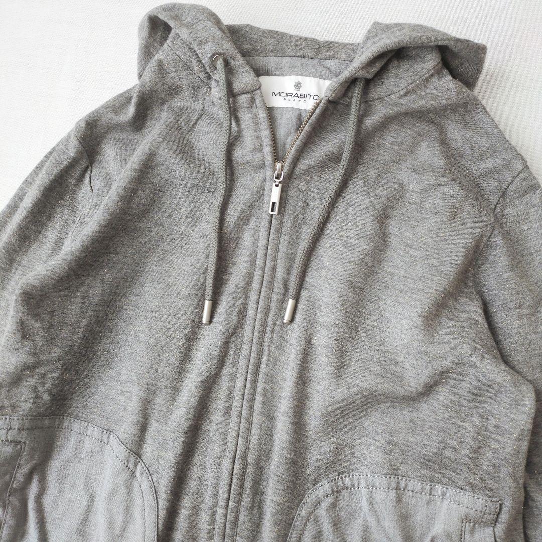 モラビトブラン　フード付きパーカー　40　ラメ混　グレー　ロゴ刺繍　ダブルジップ