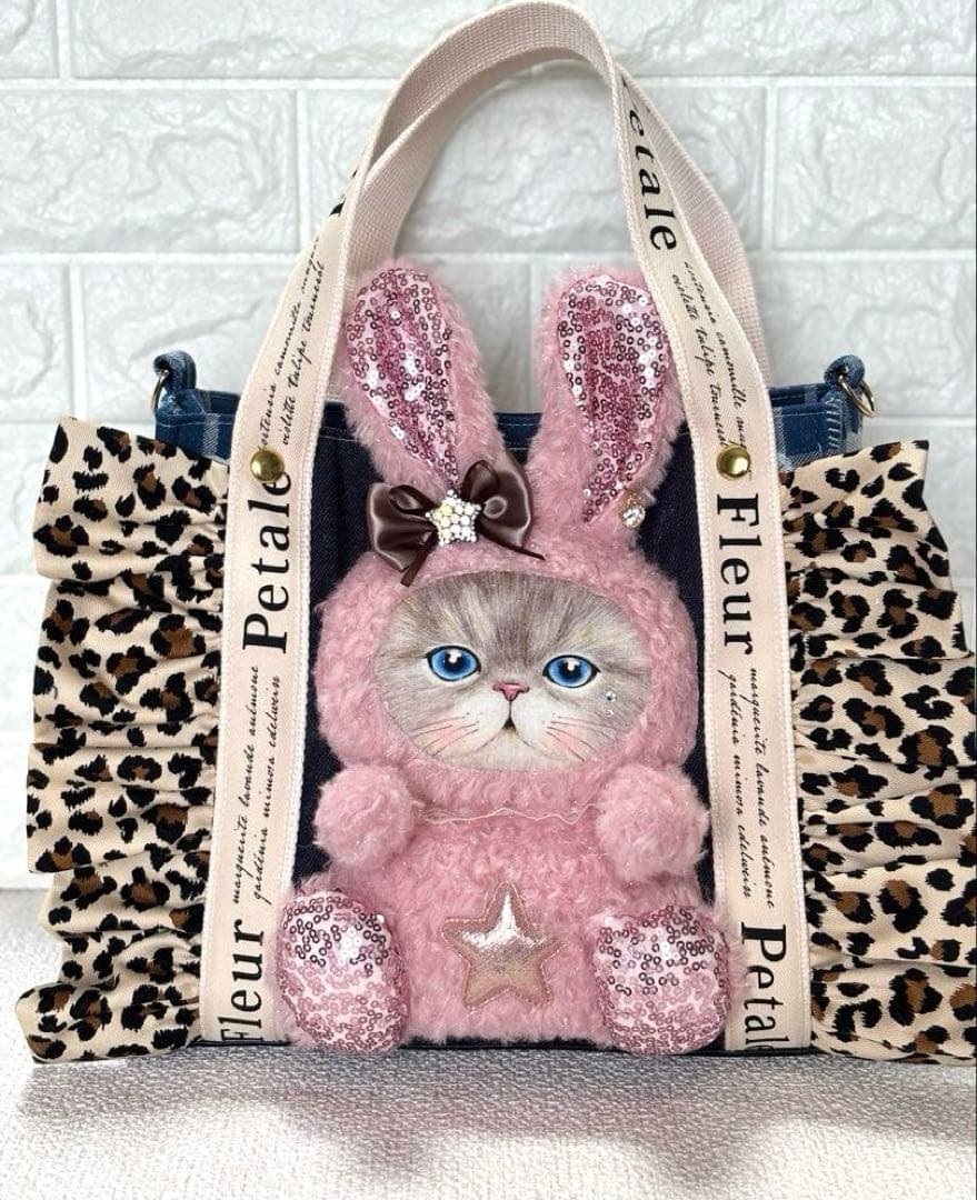 ゆ*ら様 コヤンイサムチョン　ハンドメイド　デニムトートバッグ　ヒョウ柄フリル