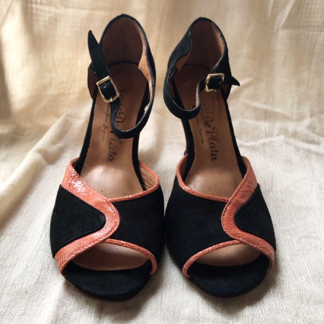 タンゴシューズ　サンダル　黒スウェード　オレンジ　オレンジヒール
