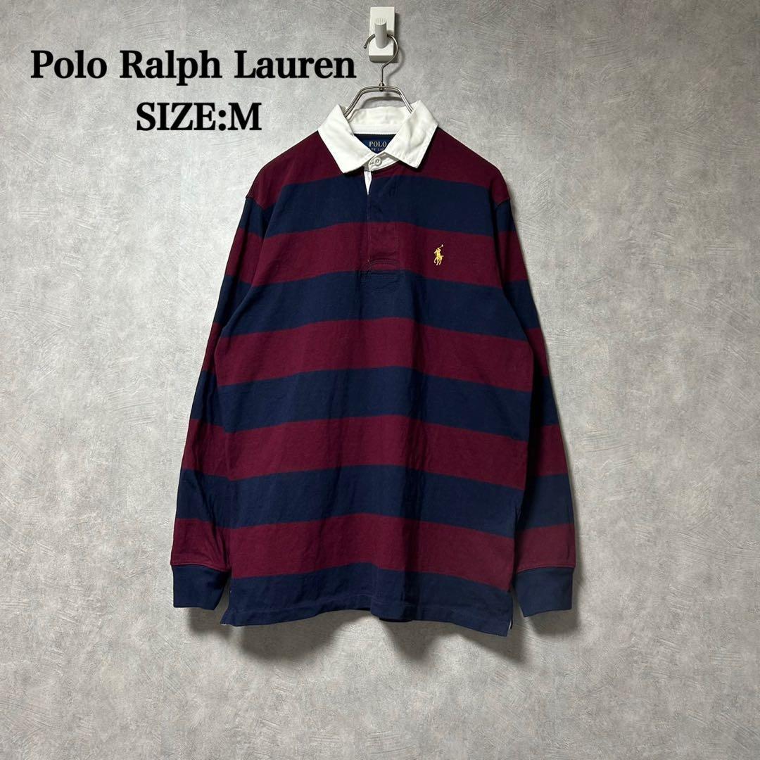 美品 ラルフローレン 刺繍 ロゴ 太 ボーダー 長袖 ラガー シャツ M