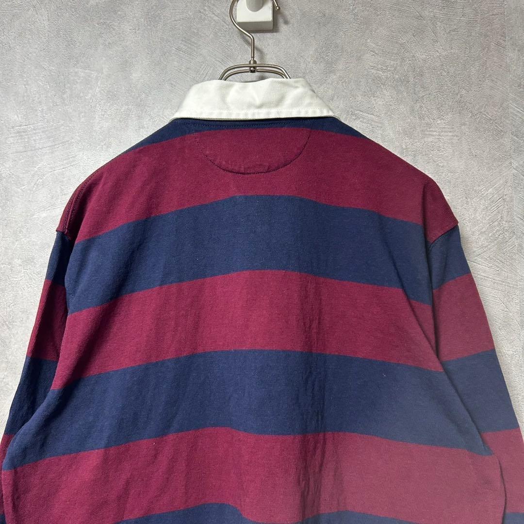 美品 ラルフローレン 刺繍 ロゴ 太 ボーダー 長袖 ラガー シャツ M