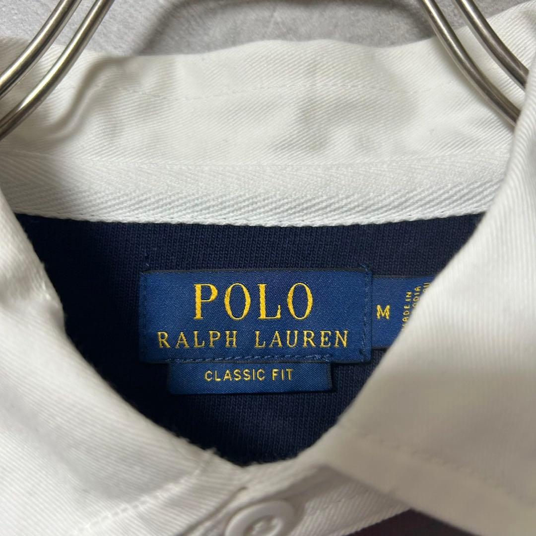 美品 ラルフローレン 刺繍 ロゴ 太 ボーダー 長袖 ラガー シャツ M