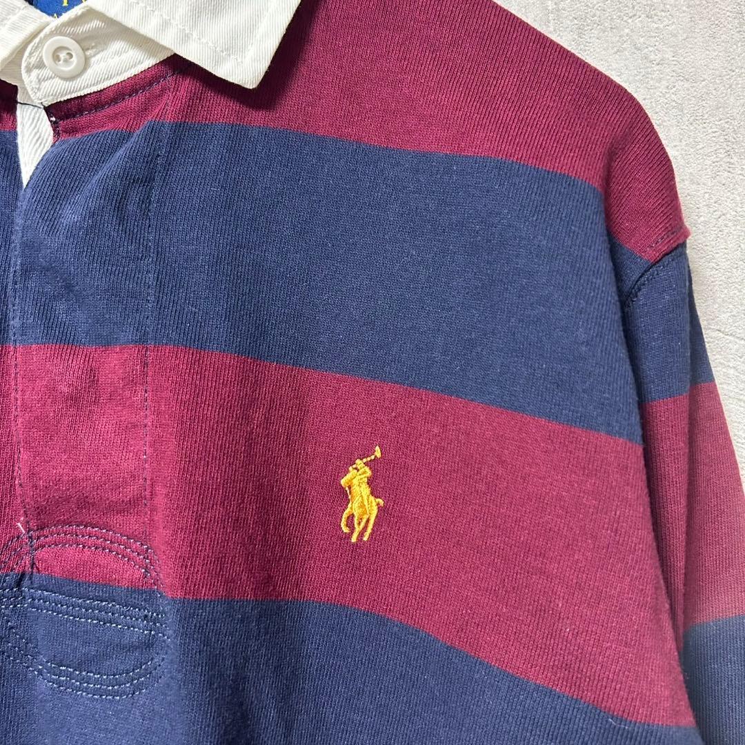美品 ラルフローレン 刺繍 ロゴ 太 ボーダー 長袖 ラガー シャツ M