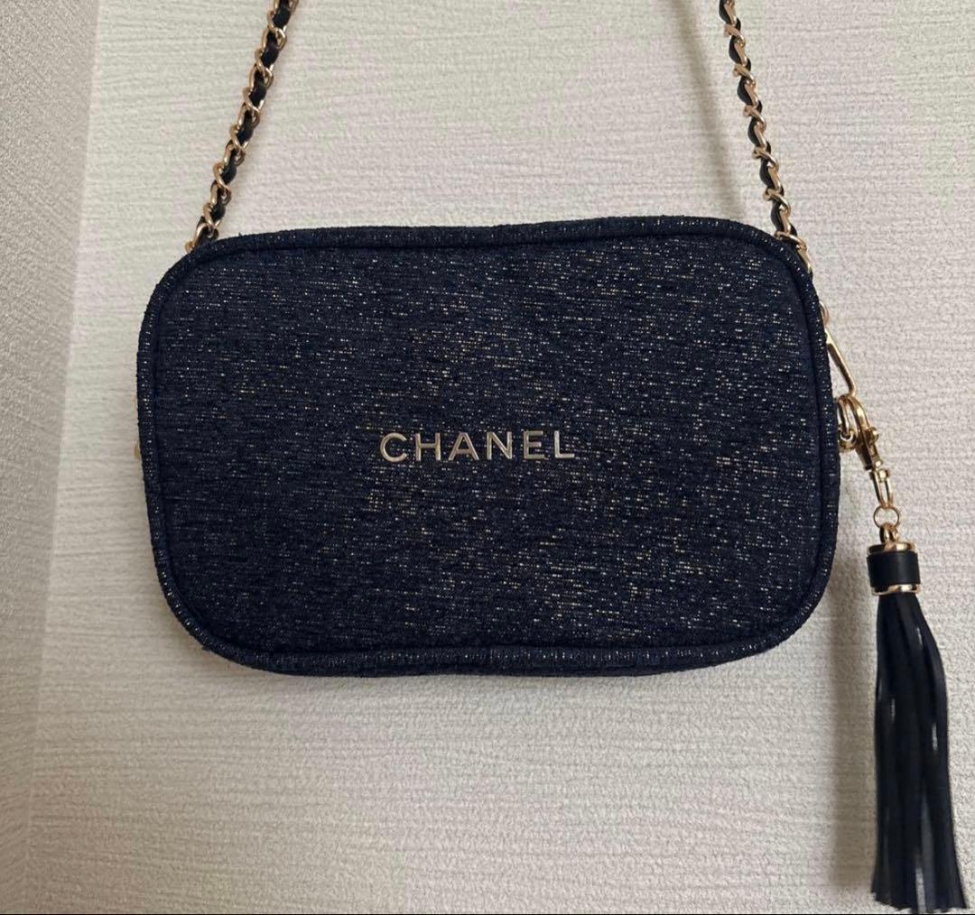 美品 シャネル ポーチ ノベルティ ネイビー×ツイードゴールド チェーン付き