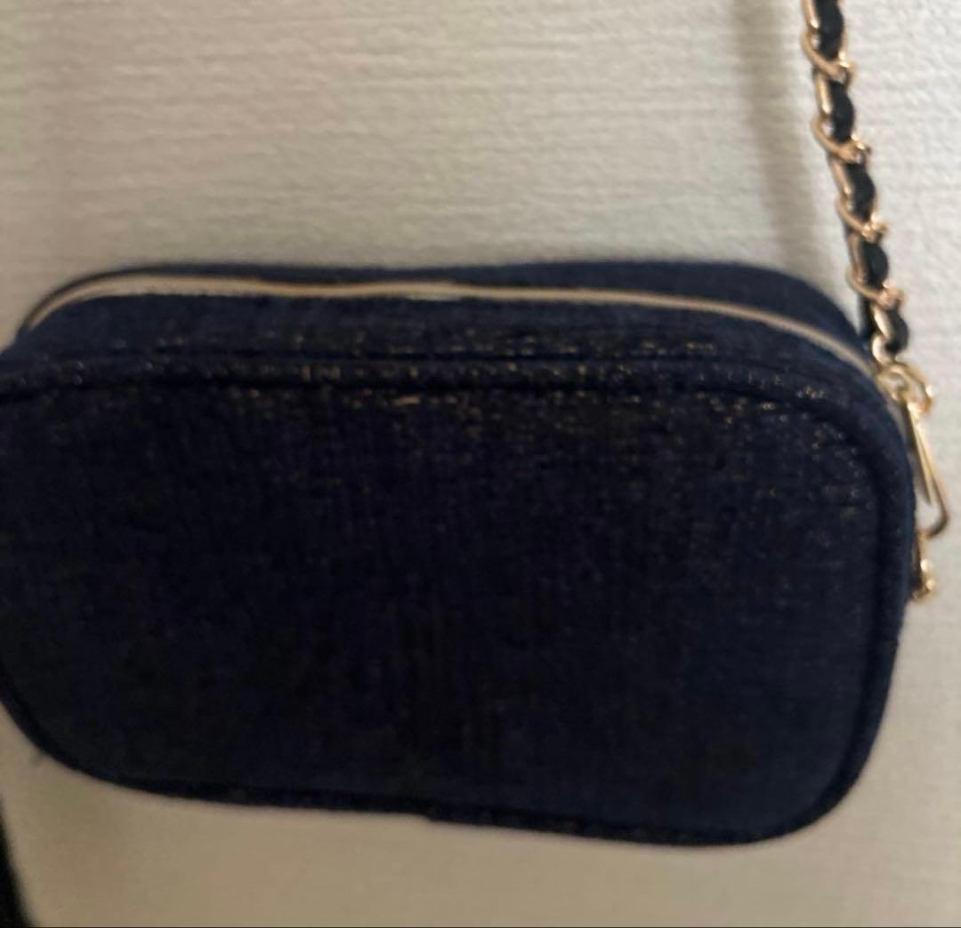 美品 シャネル ポーチ ノベルティ ネイビー×ツイードゴールド チェーン付き
