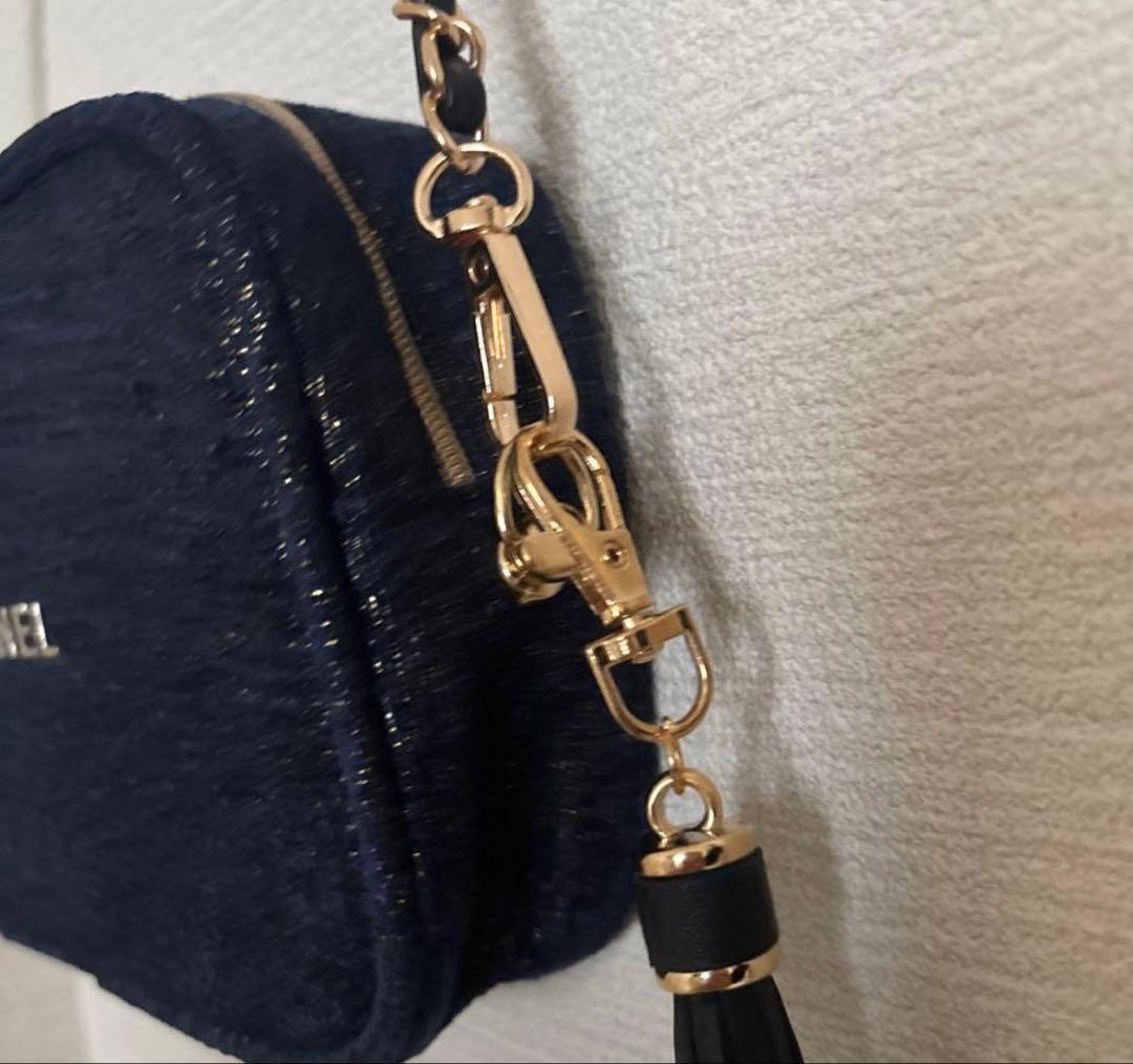 美品 シャネル ポーチ ノベルティ ネイビー×ツイードゴールド チェーン付き
