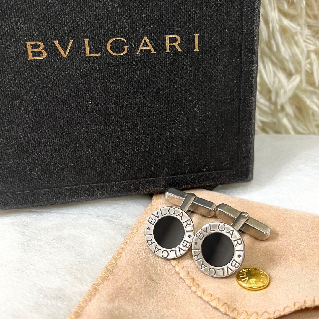 ブルガリ　カフス　ブランドロゴ　Ag925　シルバー　ブラック　メンズ　箱付き
