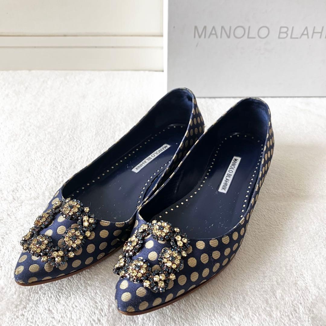 ★美品★マノロブラニク　パンプス　バレエフラット　ハンギシ　ドット　サテン　37