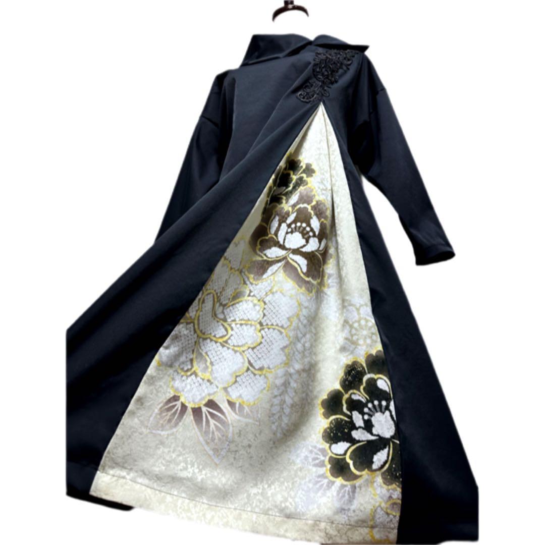 振袖　着物リメイク　ドレス　黒×大輪牡丹や菊　和柄　ワンピース　ハンドメイド