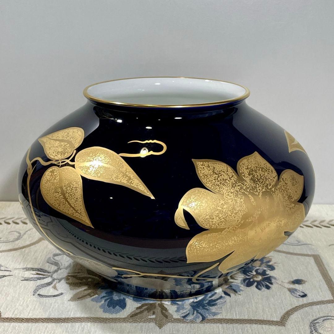 皇室御用達 大倉陶園 瑠璃金蝕鉄線 19cm花器