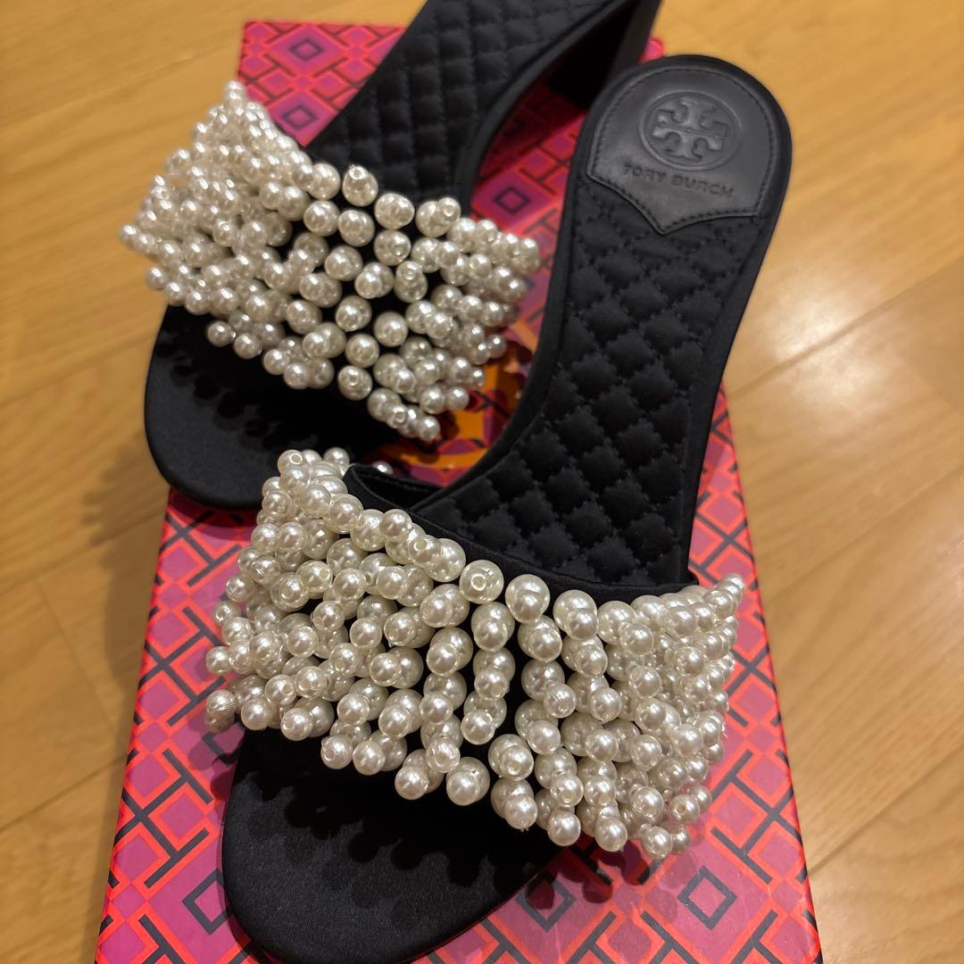 TORY BURCH パール装飾 ブラックミュール ヒール5cm ストラップなし