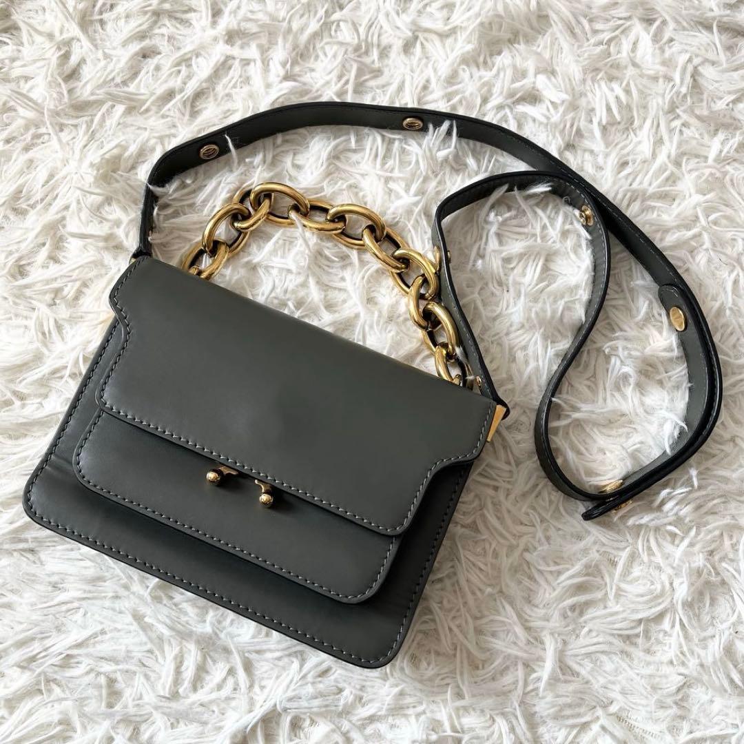 マルニ　トランク ミニ　チェーン　2way　ショルダーバッグ　レザー　グレー