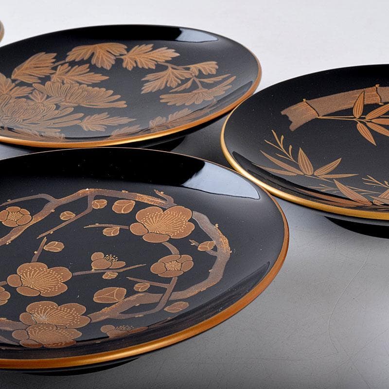 和食器　輪島塗　高崎秋峰作　高台寺蒔絵　五聖絵替　銘々皿　五客　共箱　C8533