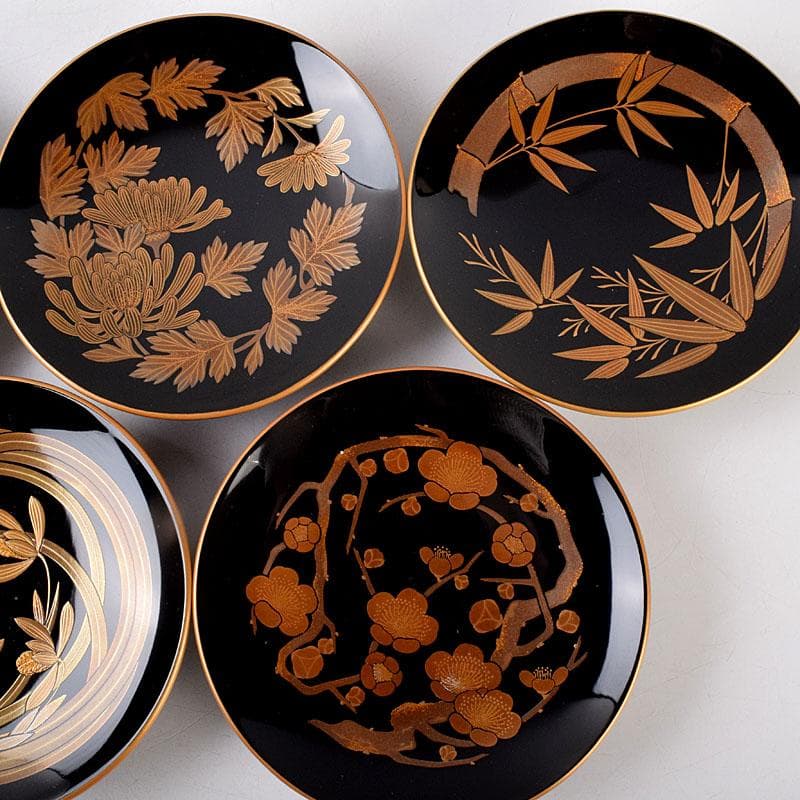 和食器　輪島塗　高崎秋峰作　高台寺蒔絵　五聖絵替　銘々皿　五客　共箱　C8533