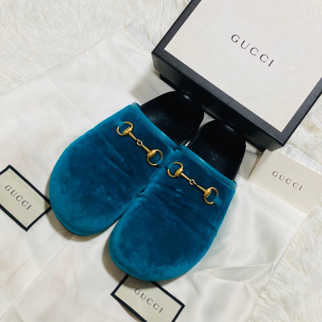 GUCCI グッチ　ホースビット　37 ベロア　サボ　サンダル　ミュール　ブルー